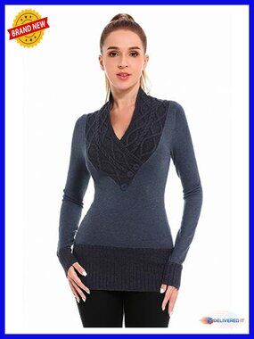 Crossover V-Neck Cable Knit Pullover Sweater Slim Fit Long Sleeve